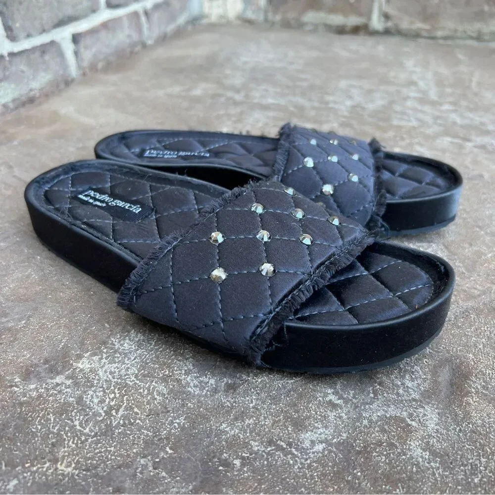 Pedro Garcia Aramis Quilted Satin Embellished Slides Sandal Sz 37